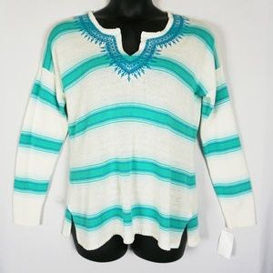 Trina Turk Embroidered Stripe Cotton Ltwt Sweater